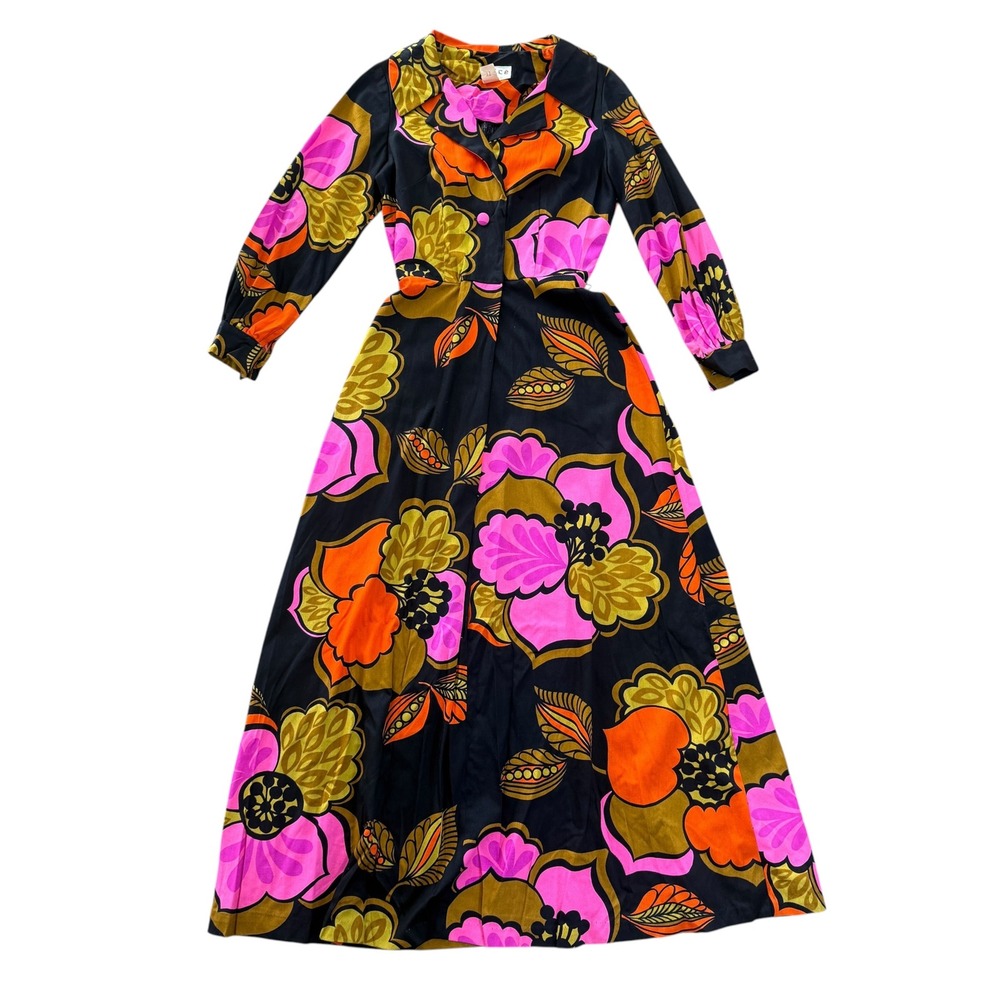 Alice Polynesian Fashions Maxi Dress Vintage 60s 70s Hawaiian Floral 11 Black